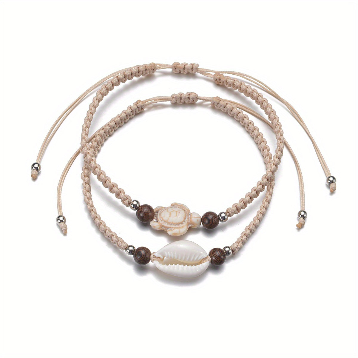 Bohemian Woven Anklets with Shell and Turtle Charms