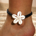 Bohemian Black Bead Anklet with Cowrie Shell Flower