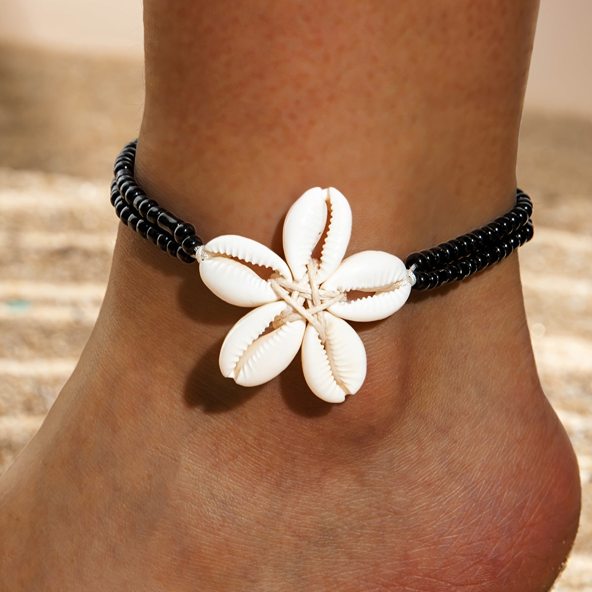 Bohemian Black Bead Anklet with Cowrie Shell Flower
