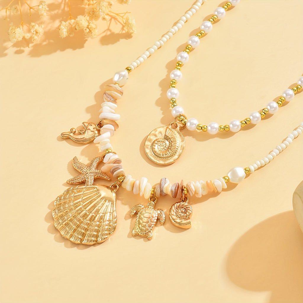 Bohemian Gold Shell Charm Pearl Layered Necklace
