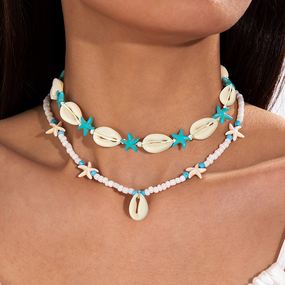 White Shell and Turquoise Starfish Layered Necklace