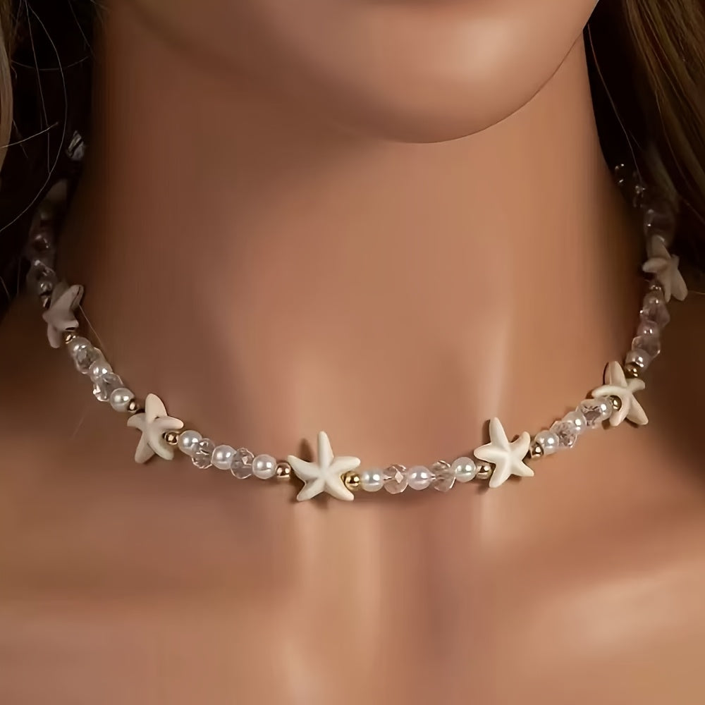 White Starfish Beaded Choker with Pearls