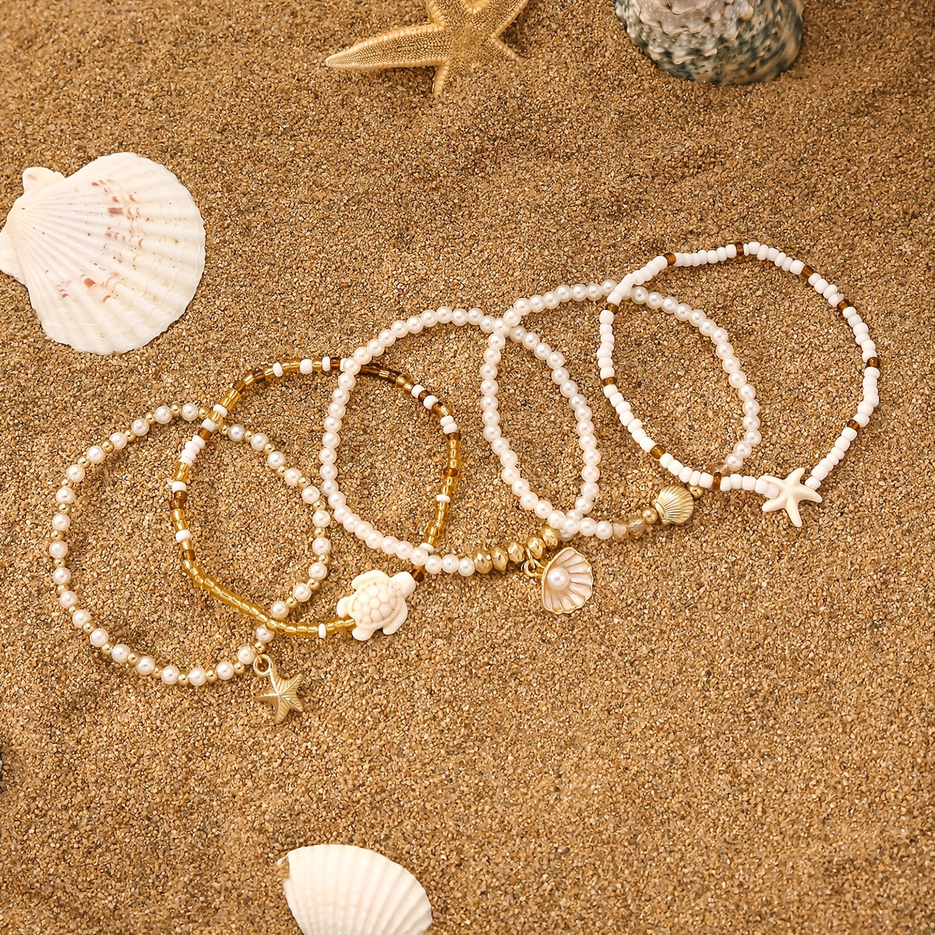 Bohemian White & Gold Layered Sea Charm Bracelets