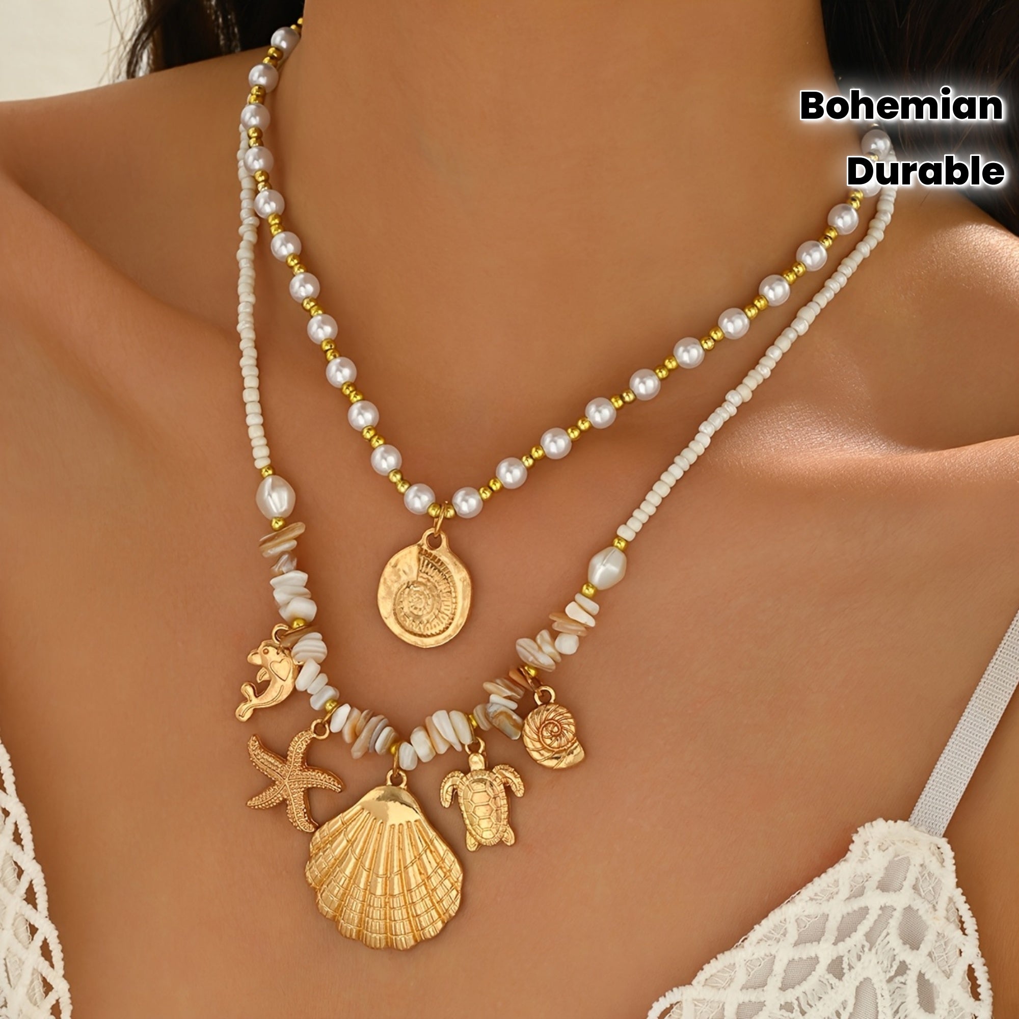 Bohemian Layered Pearl Necklace with Gold Sea Charms