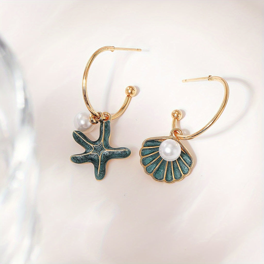 Asymmetrical Shell Starfish Hoop Earrings with Pearls