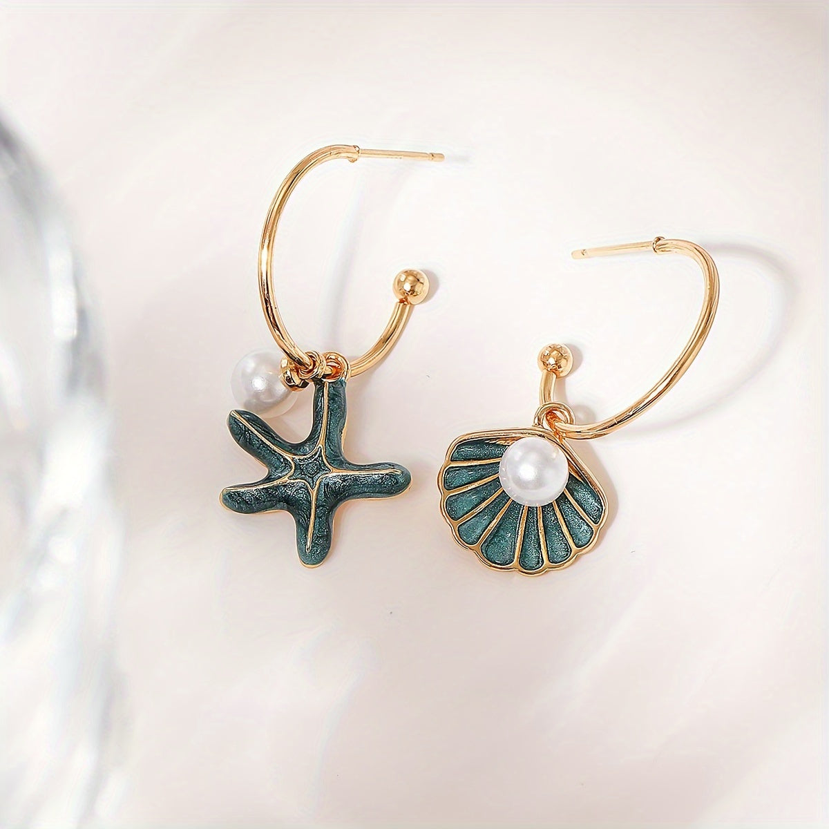 Asymmetrical Shell Starfish Hoop Earrings with Pearls
