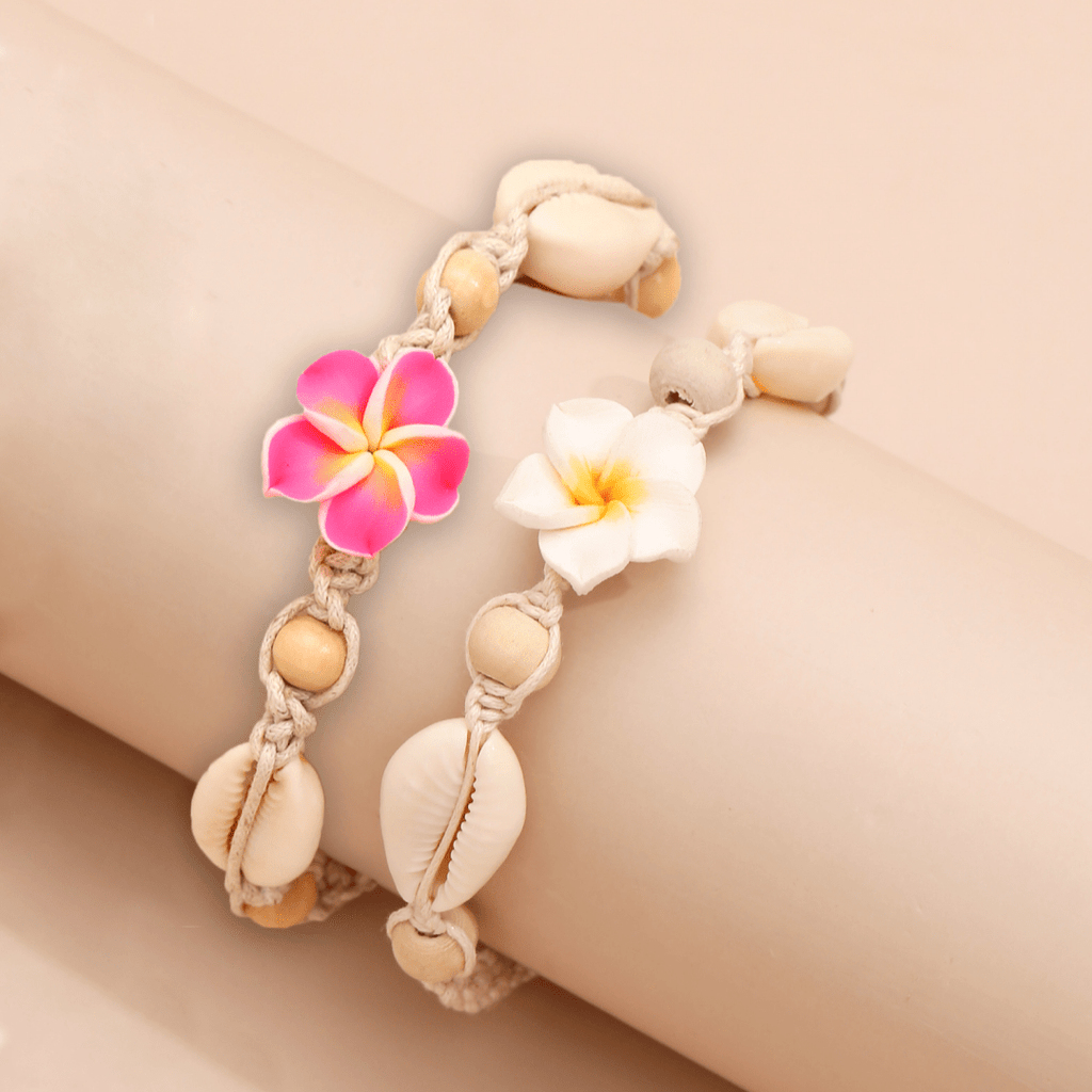 Boho Cowrie Shell and Plumeria Flower Anklet Set