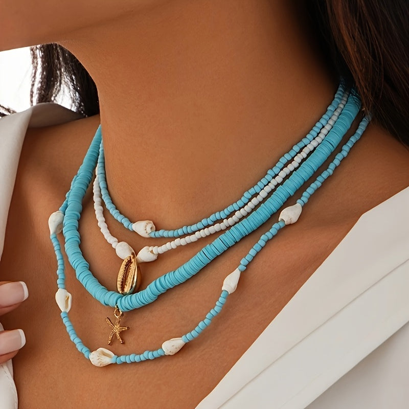 Beachy Blue Layered Necklace with Seashells & Starfish