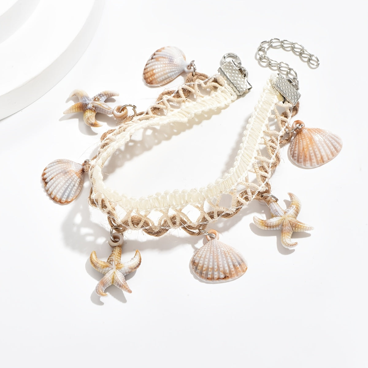 Bohemian White Crochet Anklet with Starfish Shells