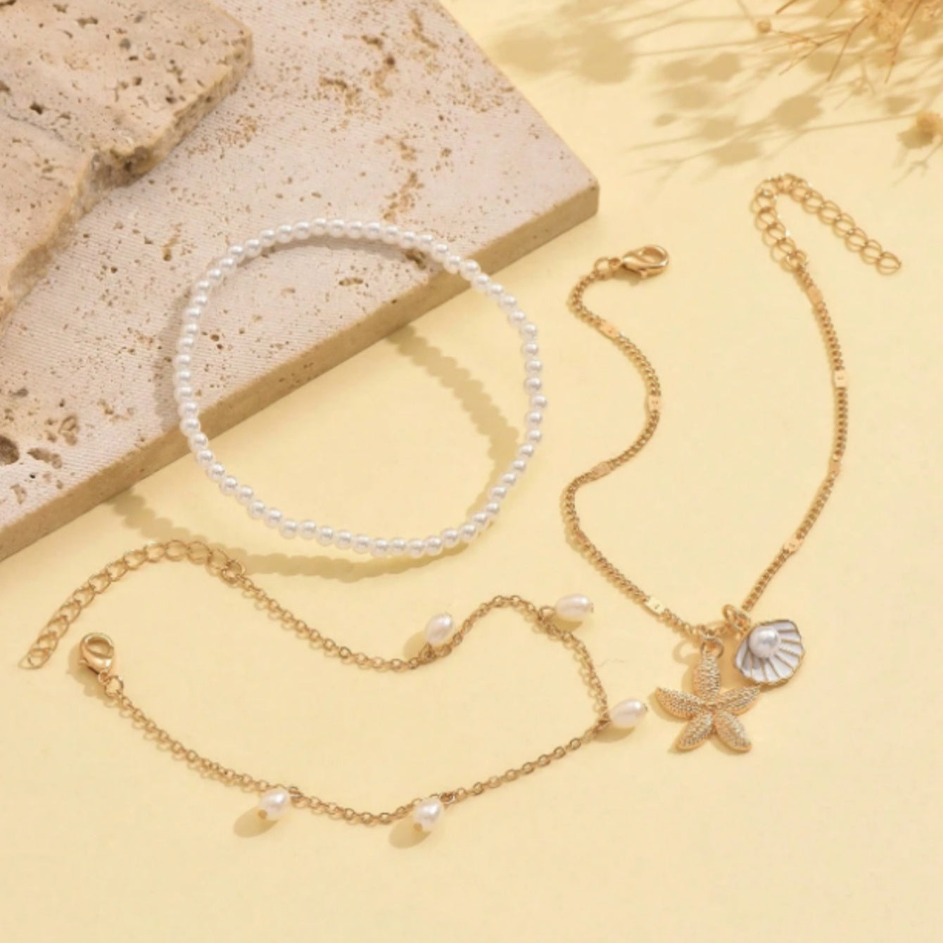 Bohemian Layered Anklets with Pearl & Sea Charms