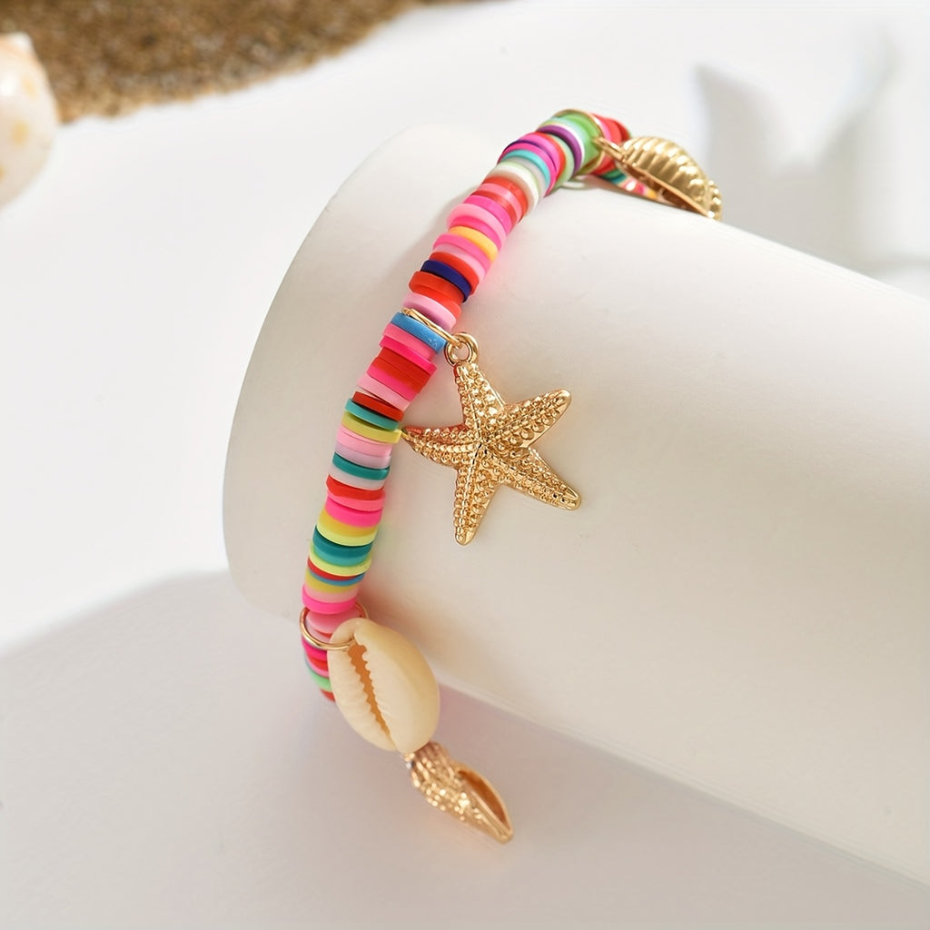 Bohemian Heishi Anklet with Shell and Starfish Charms