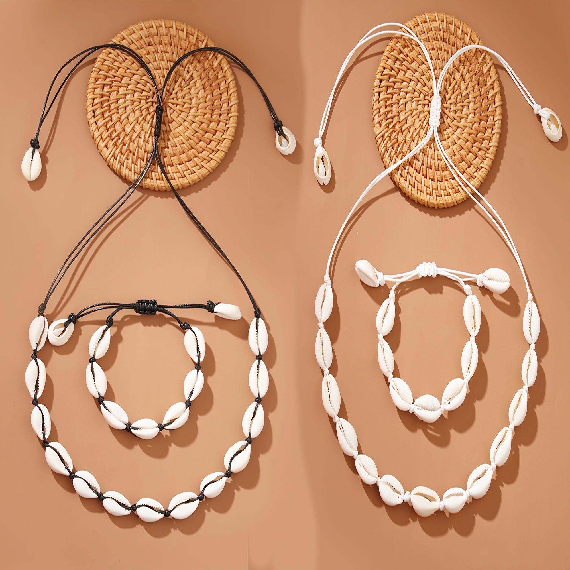Black and White Adjustable Cowrie Shell Jewelry Set