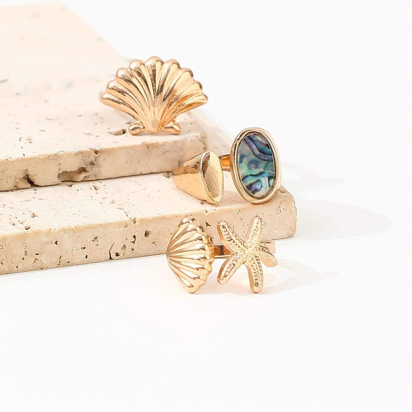 Gold Tone Sea-Inspired Rings with Abalone