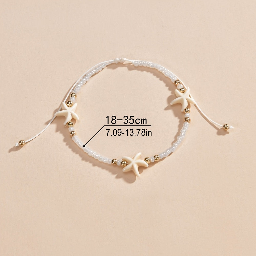 Adjustable White Bead Starfish Charm Gold Bracelet