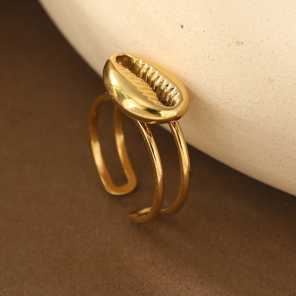 Adjustable Gold Cowrie Shell Ring in Stainless Steel