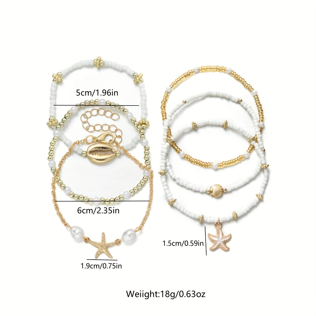 Bohemian Gold & White Beaded Seashell Bracelet Set