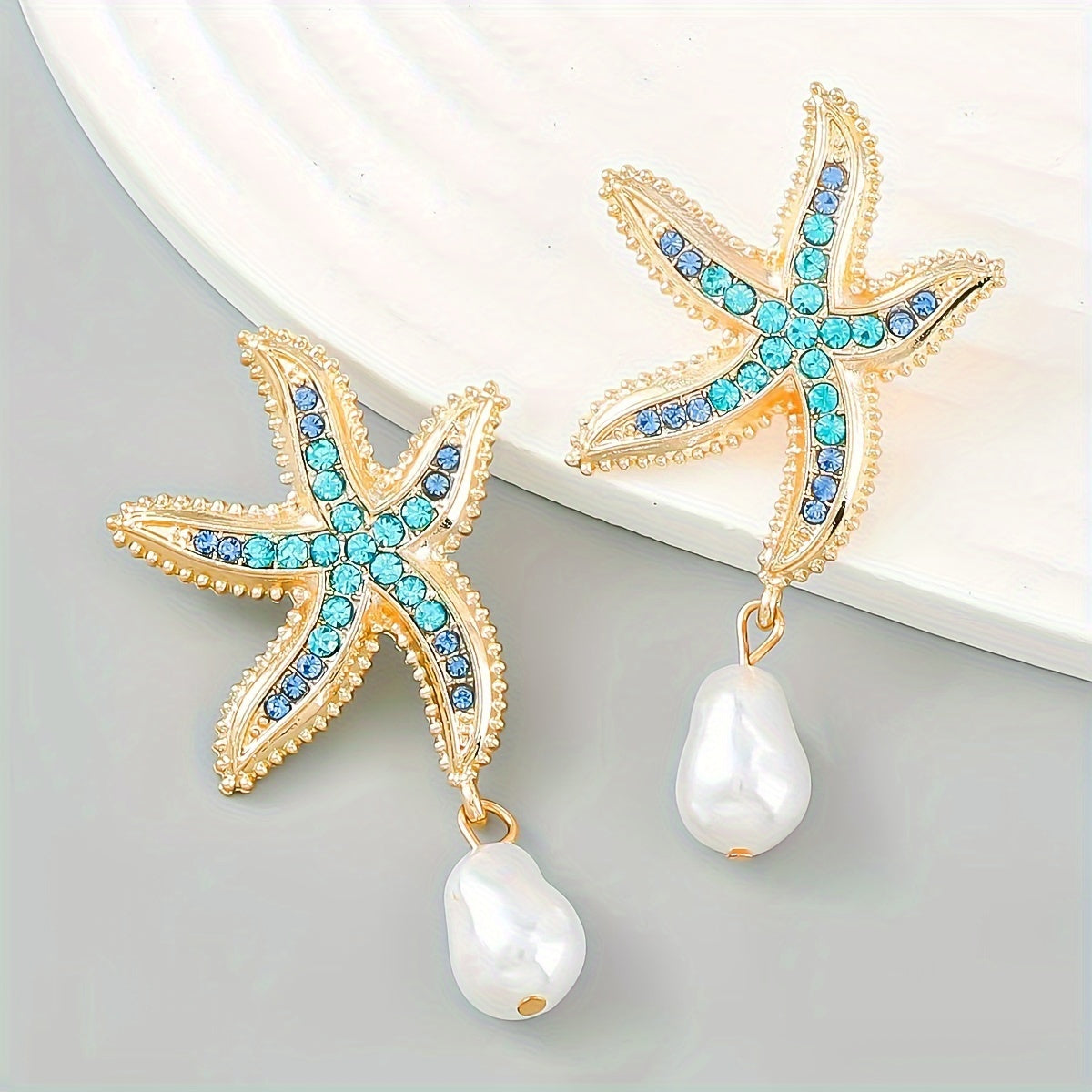 Gold-Tone Starfish Drop Earrings with Rhinestones & Pearl