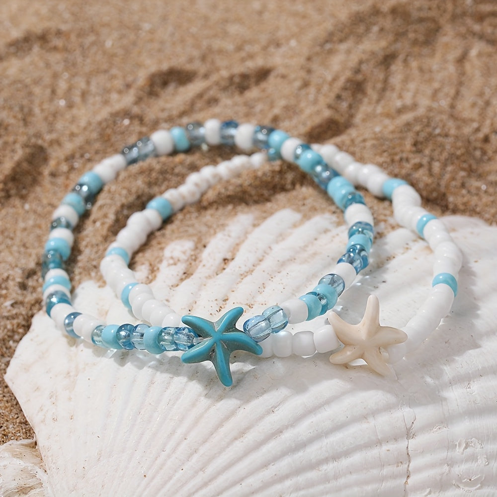 Bohemian Beaded Starfish Anklet, Blue & White