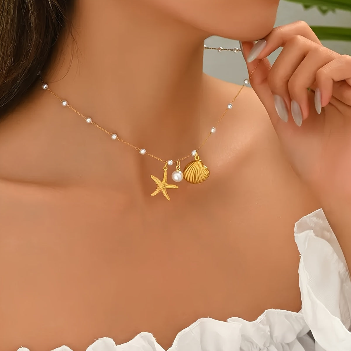 Bohemian Gold Charm Necklace with Starfish & Pearls