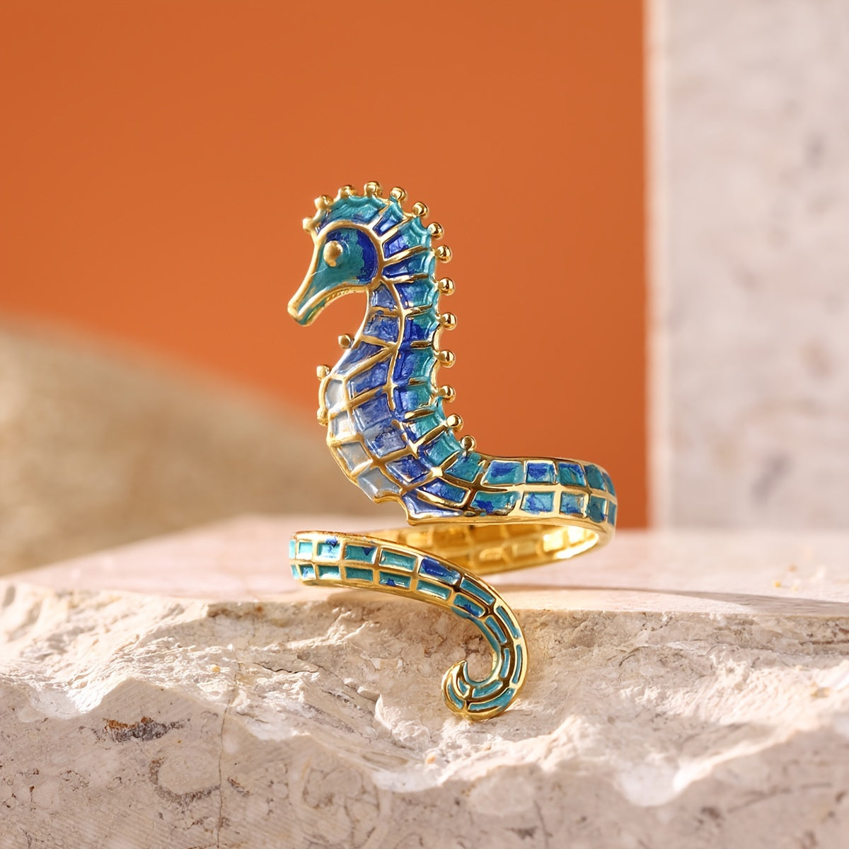 Gold-Tone Seahorse Wrap Ring with Blue Enamel