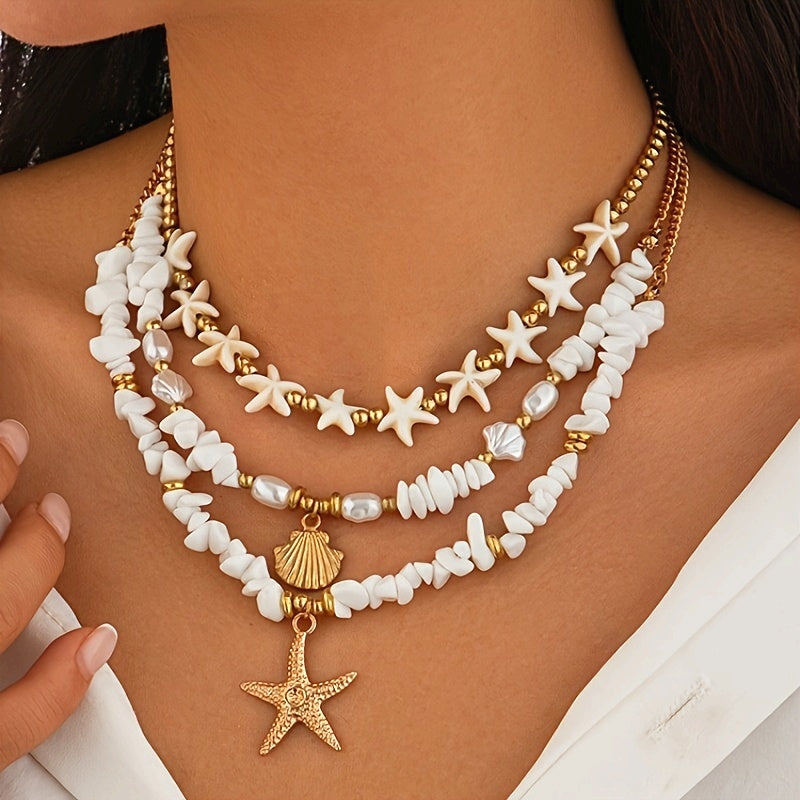 Layered White Shell & Gold Starfish Necklace