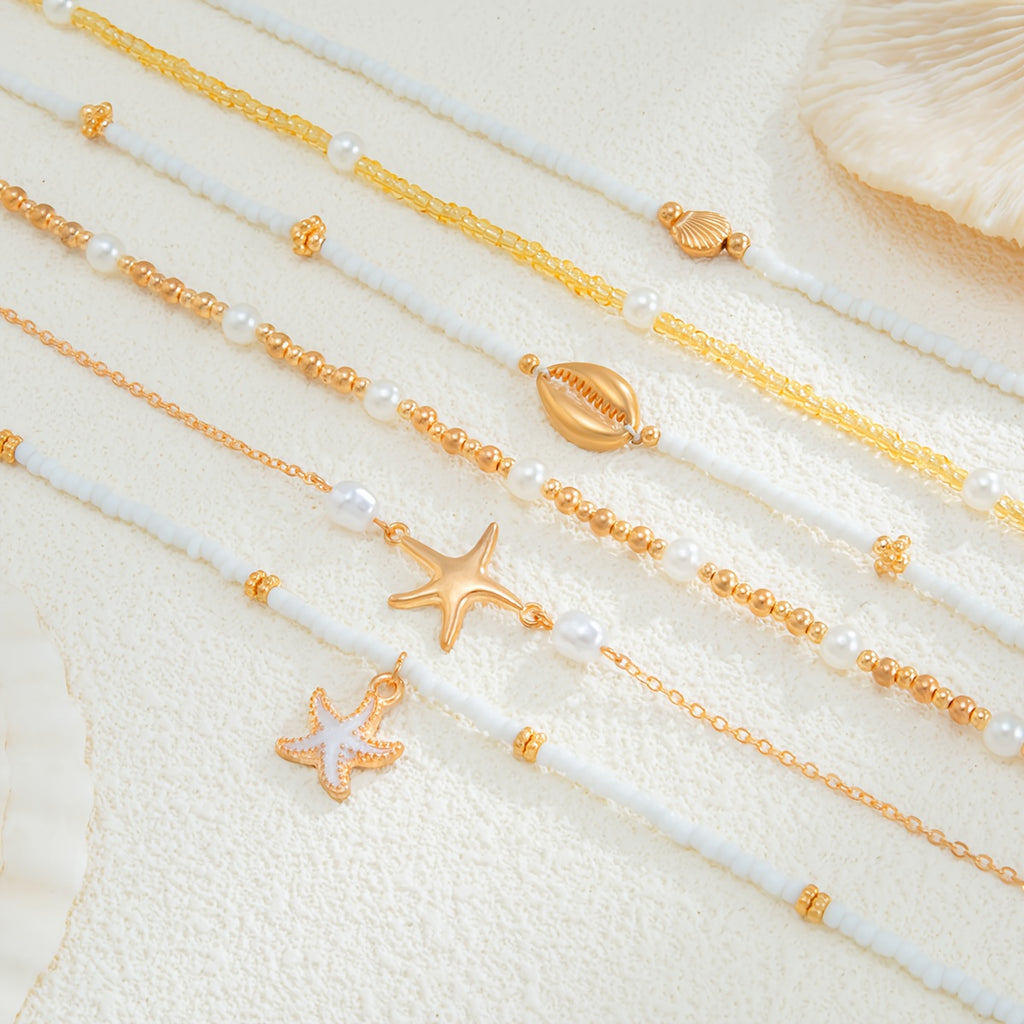 Bohemian Layered Necklace Set with Starfish & Shells