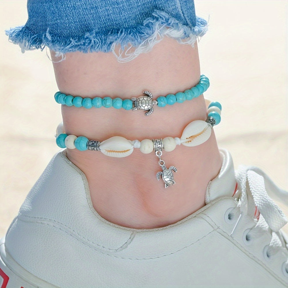 Bohemian Double Layered Anklet with Cowrie Shells & Turtle