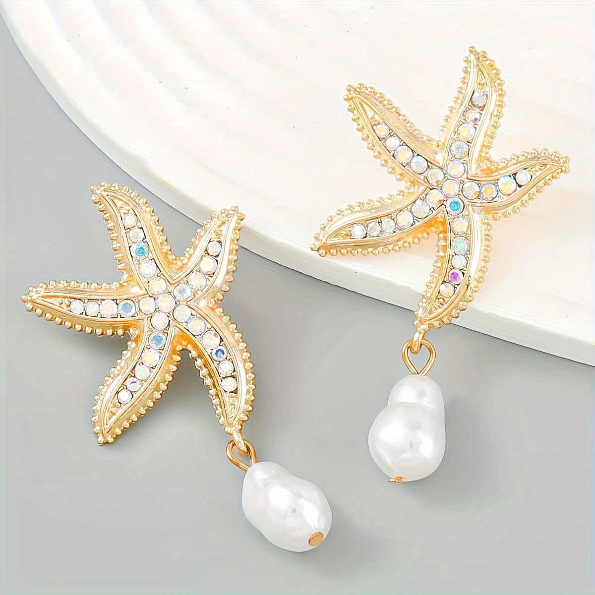 Gold-Tone Starfish Drop Earrings with Rhinestones & Pearl