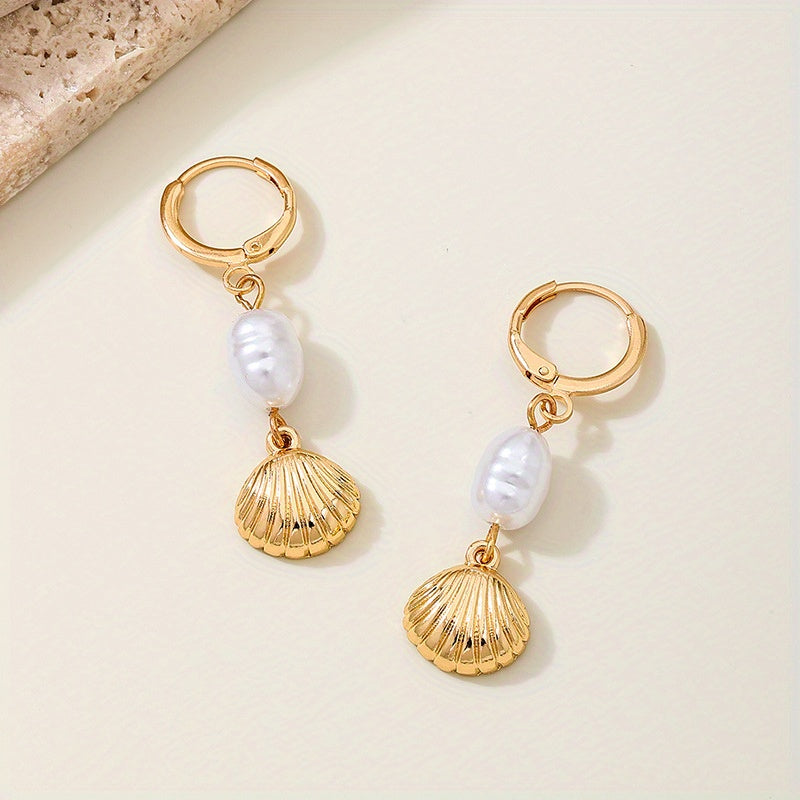 Dainty Gold Drop Earrings with Pearl & Scallop Shell