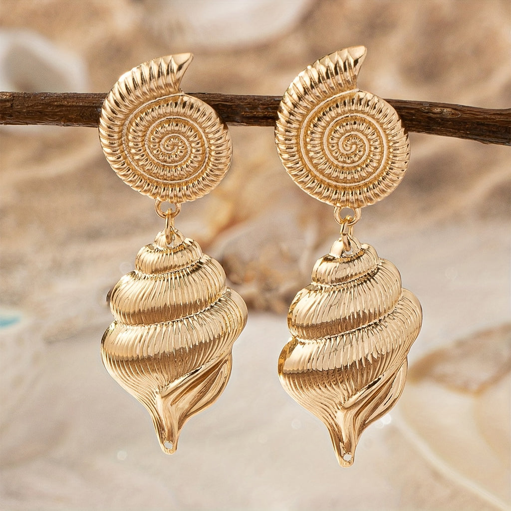 Gold Tone Spiral Shell Drop Earrings