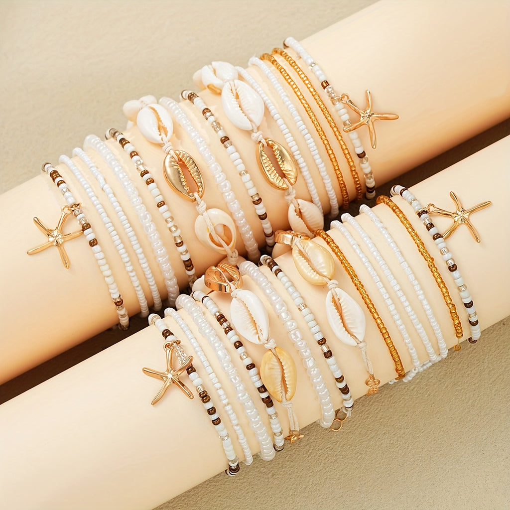 Beachy Cowrie Shell & Starfish Anklet Bracelet Set