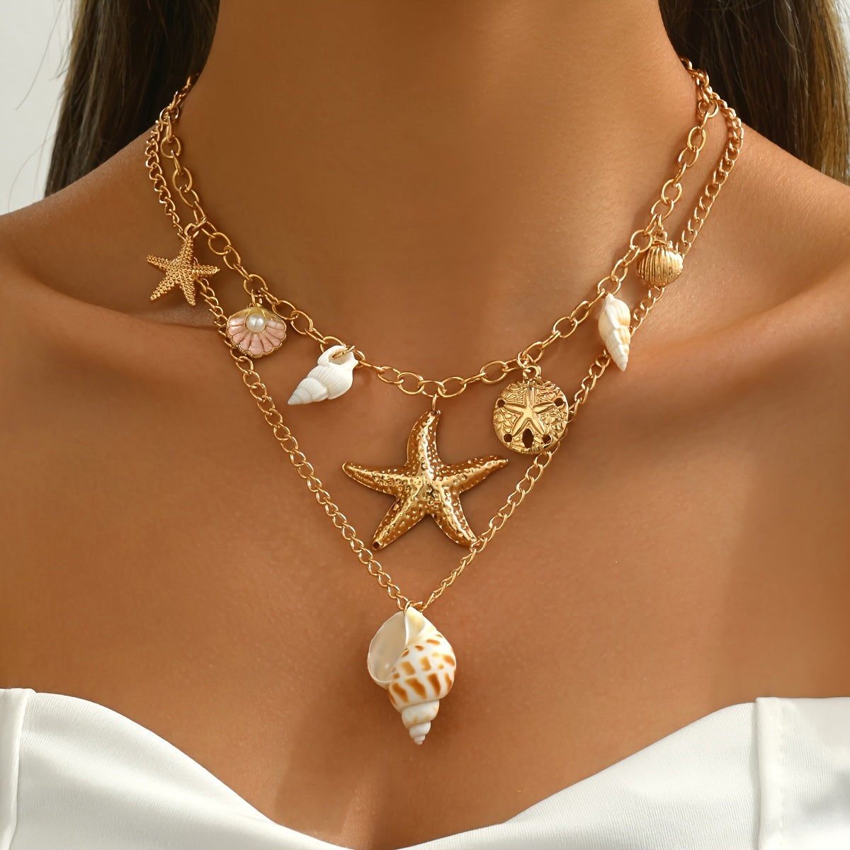 Bohemian Gold Layered Necklace with Seashells and Starfish