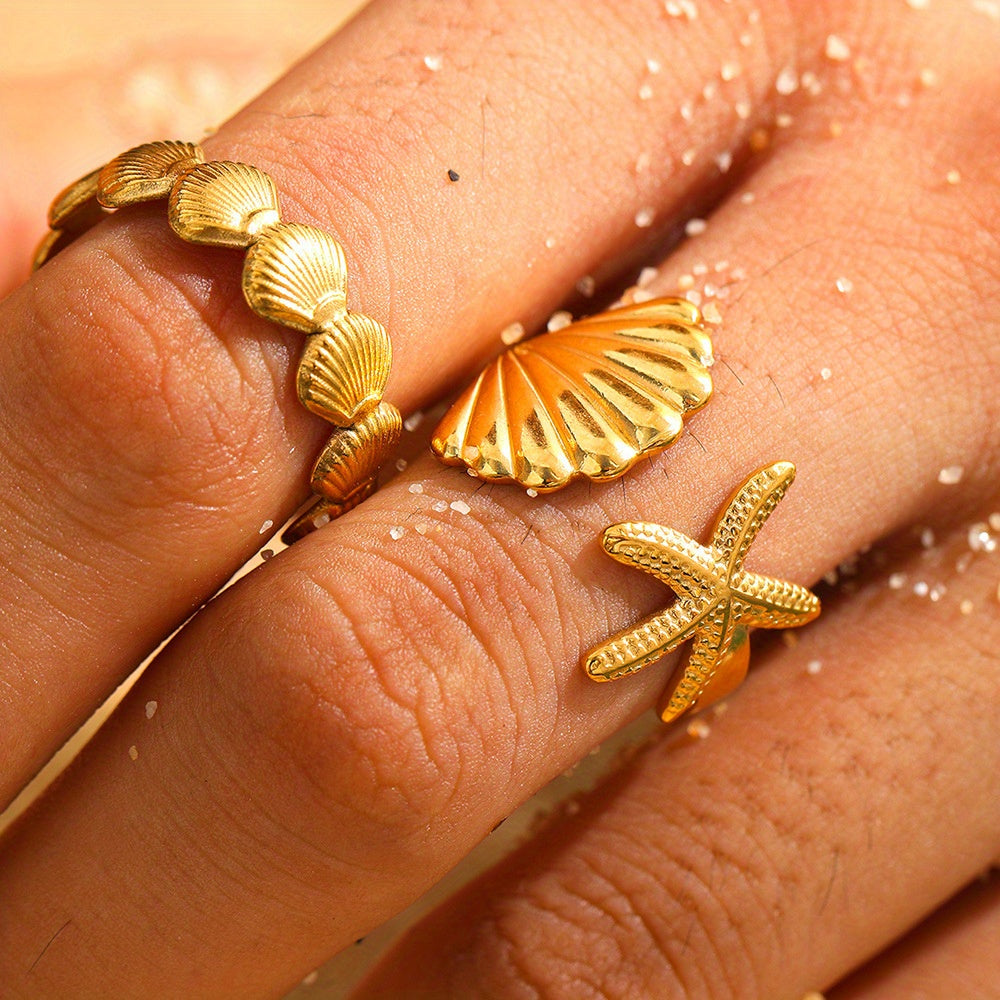 Gold Adjustable Starfish and Shell Ring Set
