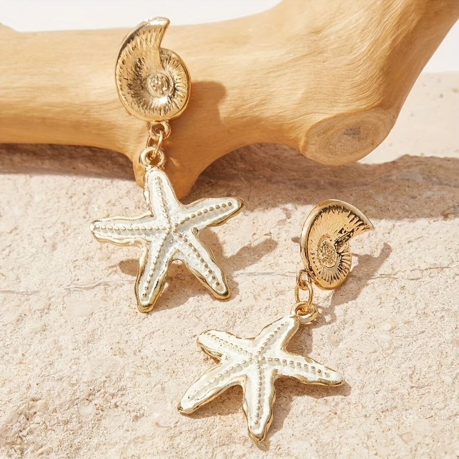 Gold-Tone Coiled Shell White Starfish Drop Earrings