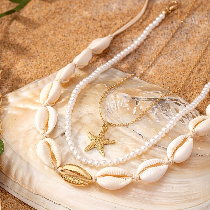 Layered Cowrie Shell and Pearl Necklace with Starfish