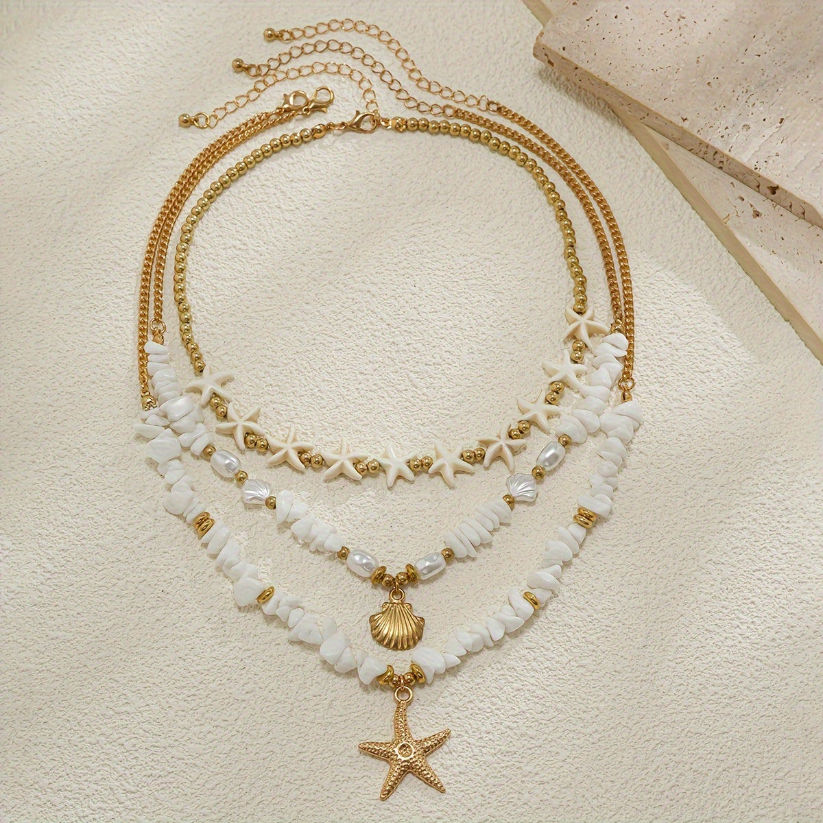Layered White Shell & Gold Starfish Necklace