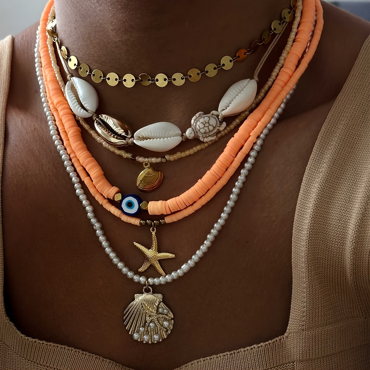 Bohemian Pink Layered Necklaces with Cowrie Shells & Starfish
