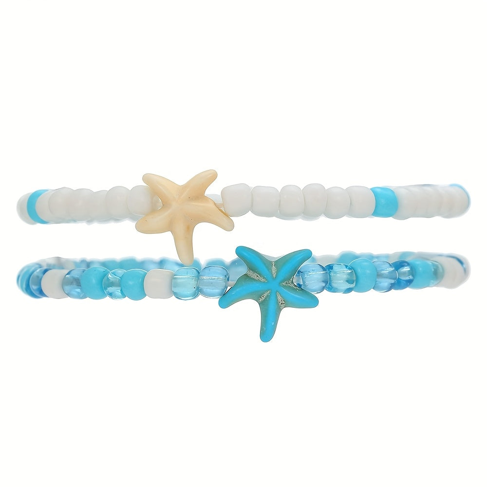 Bohemian Beaded Starfish Anklet, Blue & White