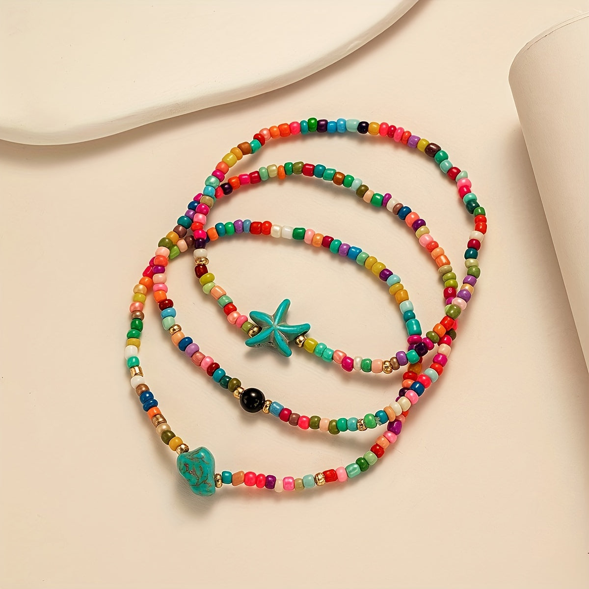 Boho Beaded Anklet Set with Starfish Charm