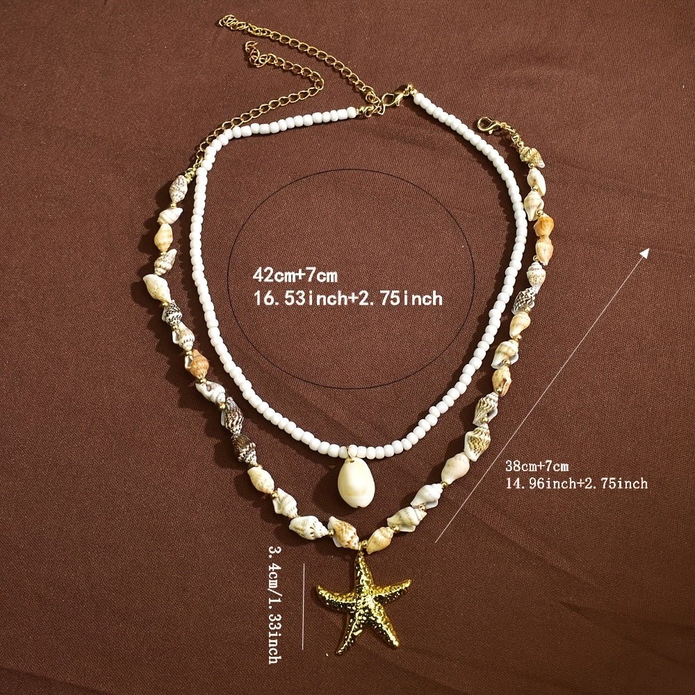 Bohemian Layered Shell Necklace with Gold Starfish