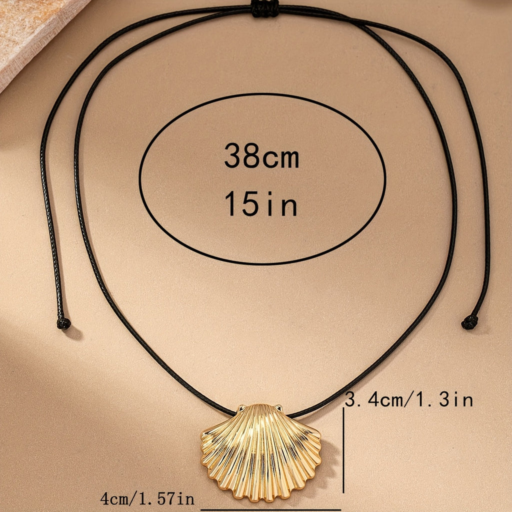 Golden Scallop Shell Necklace with Black Cord
