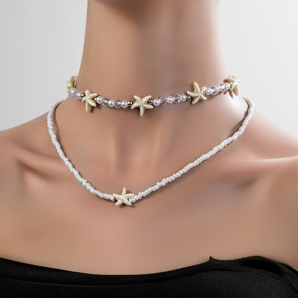 White Beaded Layered Choker with Starfish Charms