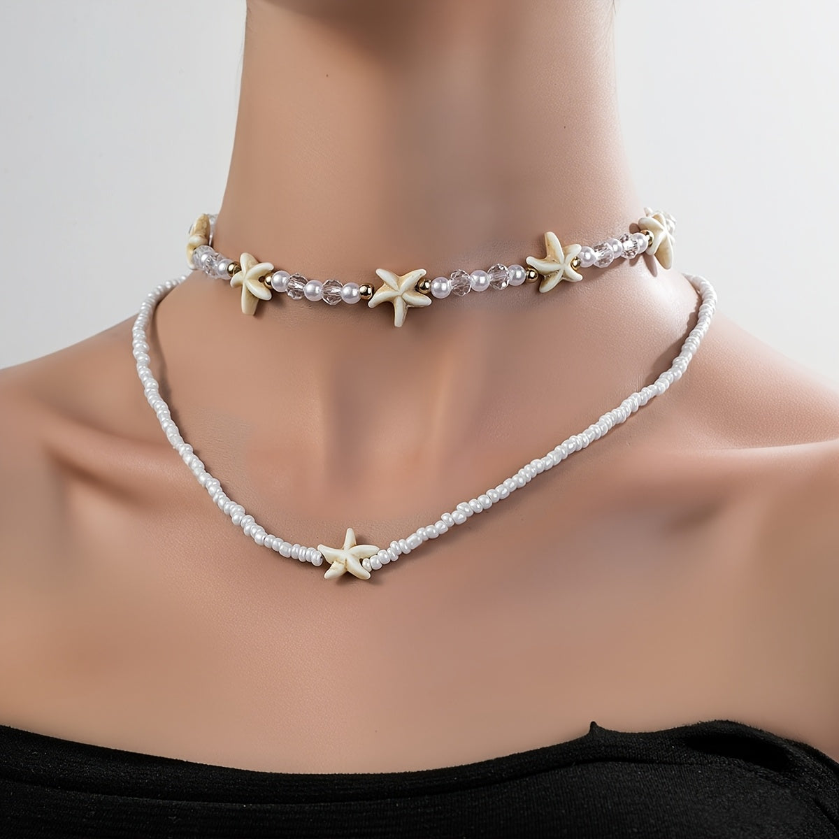 White Beaded Layered Choker with Starfish Charms