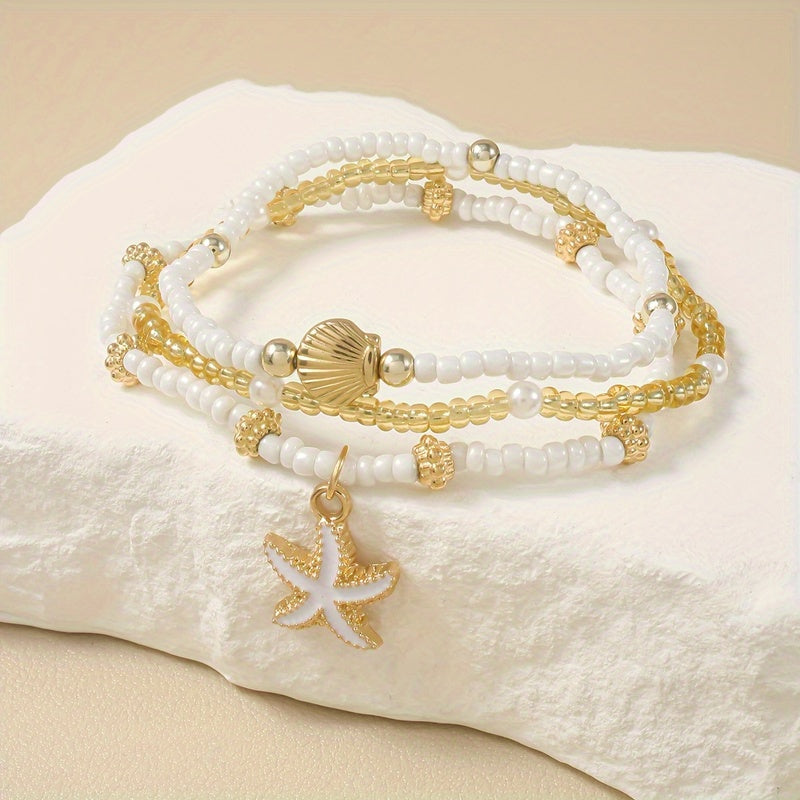 Gold & White Starfish & Shell Beaded Bracelets