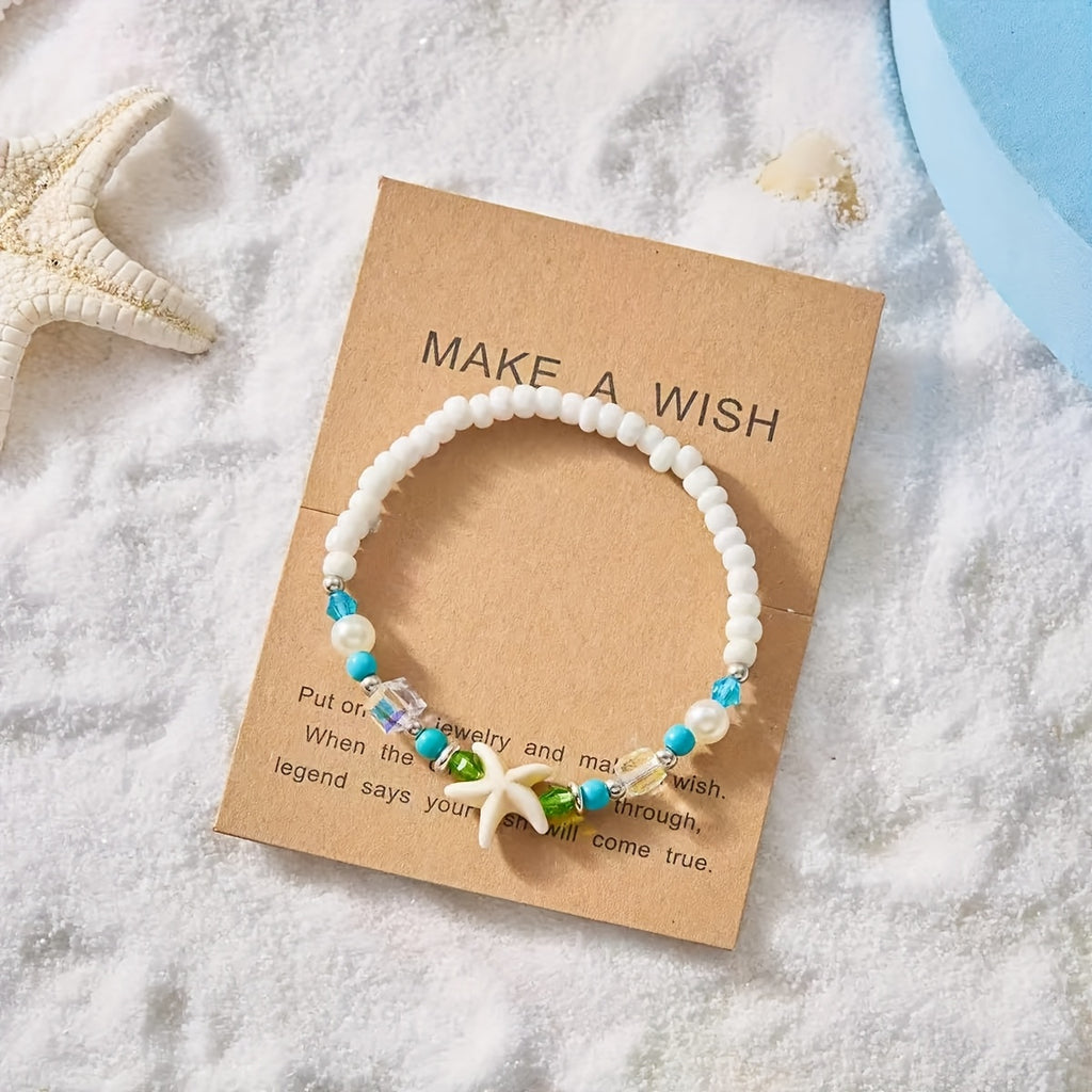 Adjustable Blue Cord Beach Bracelet with Starfish & Turtle
