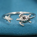 Adjustable Sea Turtle and Starfish Silver Ring