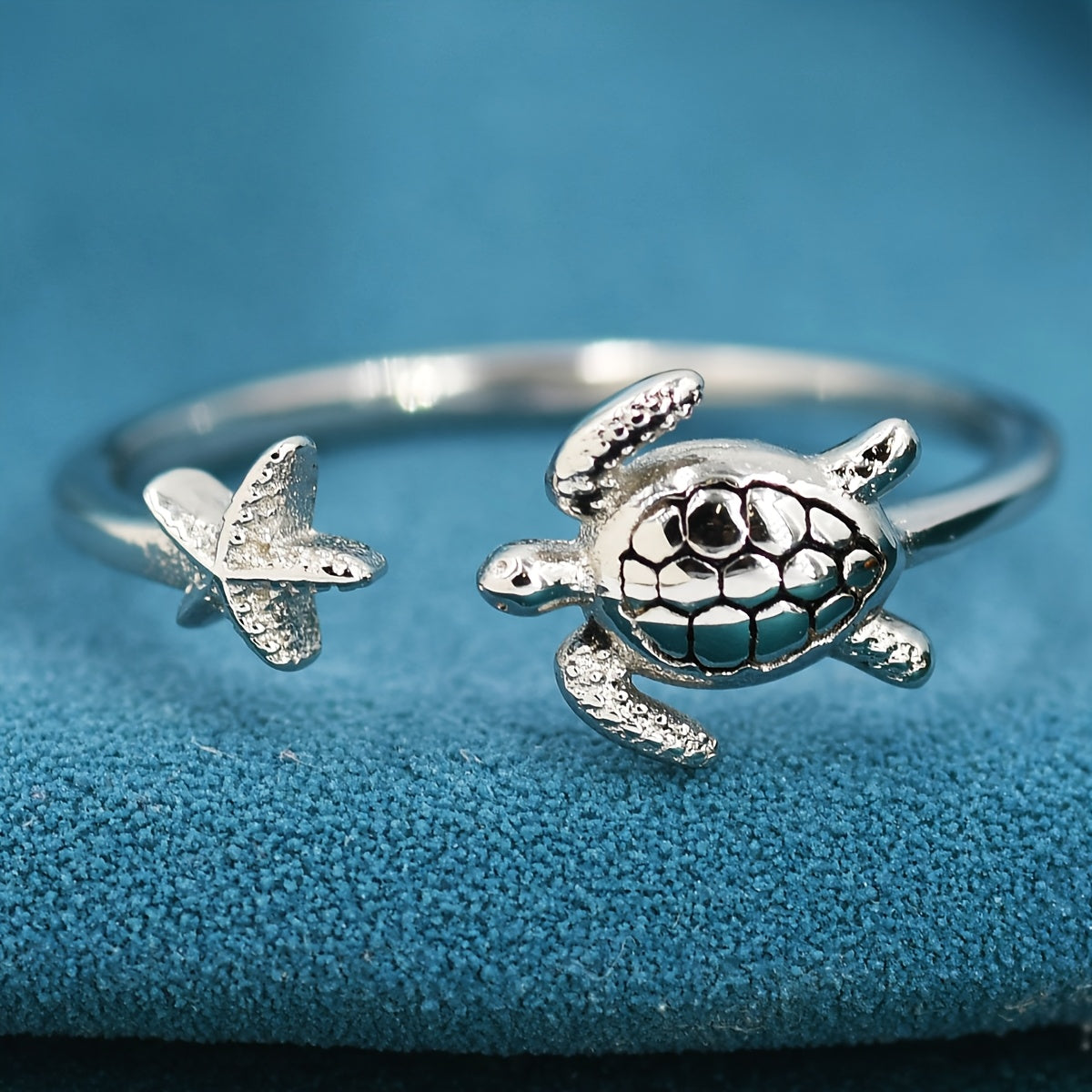 Adjustable Sea Turtle and Starfish Silver Ring