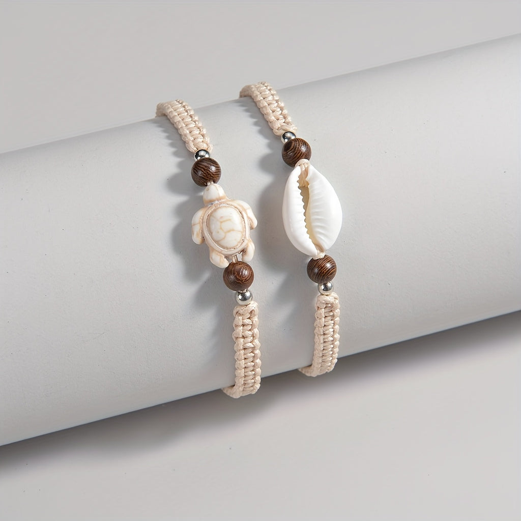 Bohemian Woven Anklets with Shell and Turtle Charms
