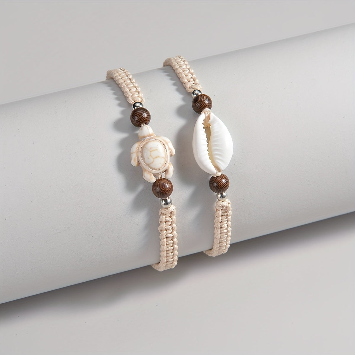 Bohemian Woven Anklets with Shell and Turtle Charms