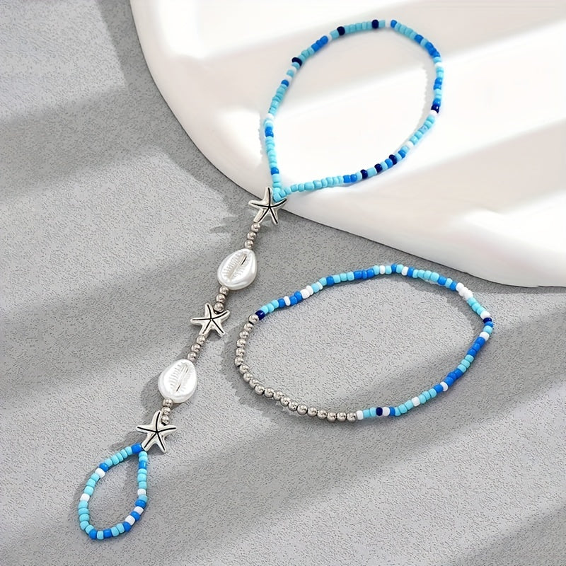 Bohemian Blue Beaded Starfish Cowrie Shell Anklet